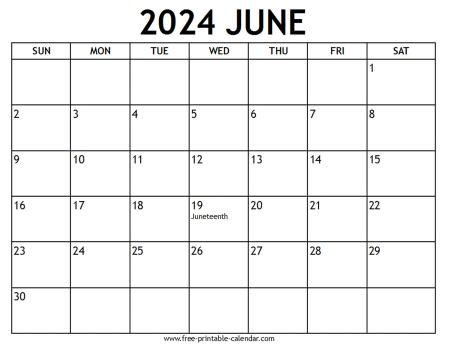 june 2024 calendar With US holidays