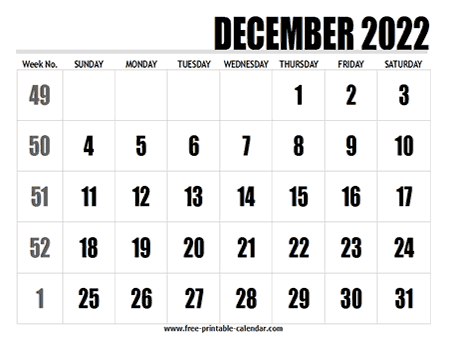 2022 december calendar