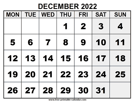 2022 december calendar