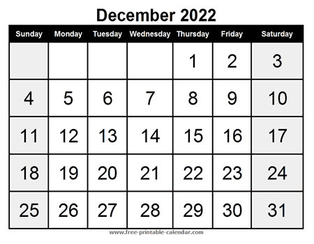 calendar december 2022