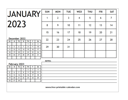 2023 calendar january