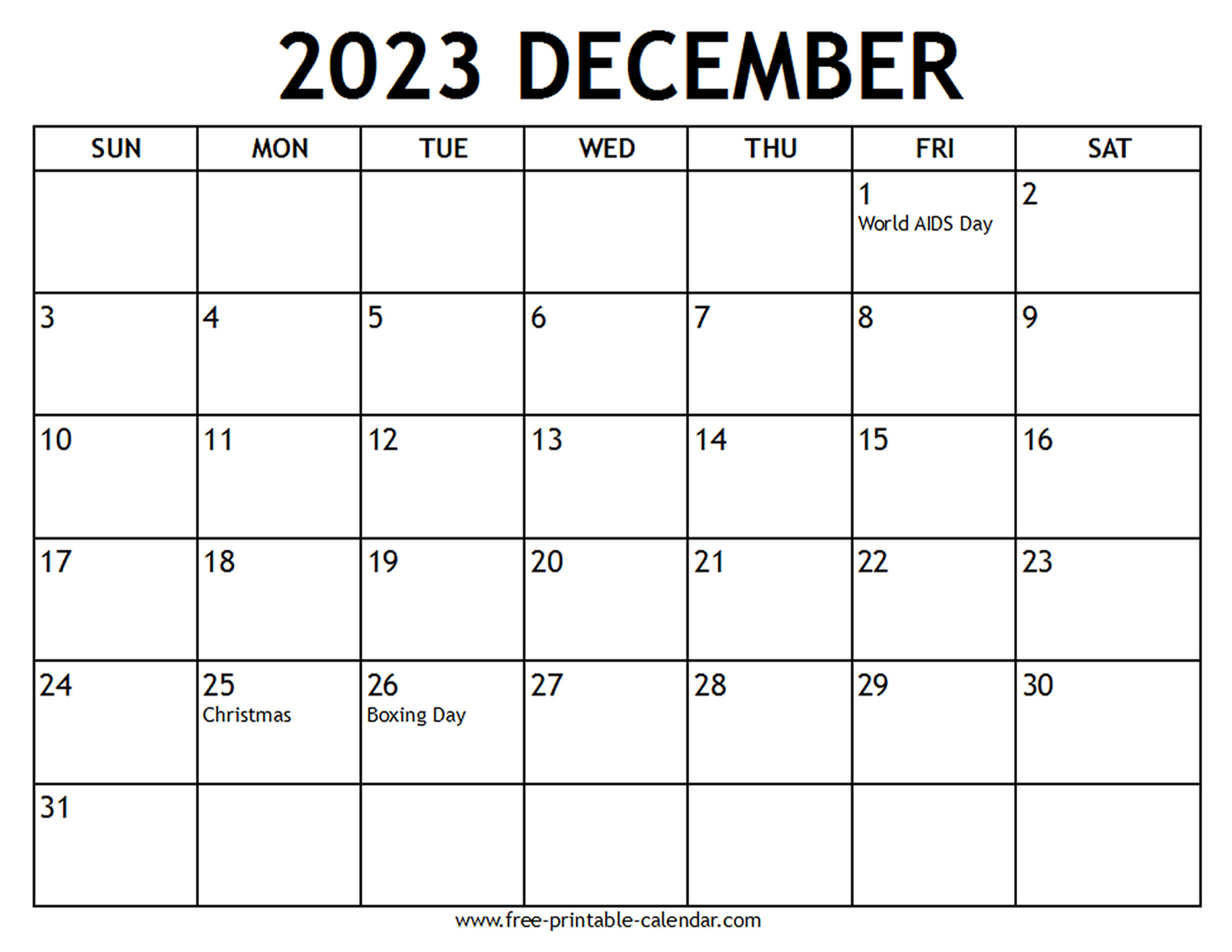 Dec 2023 Calendar Printable Free