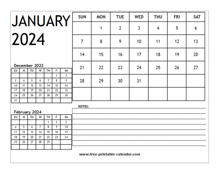 2024 calendar january