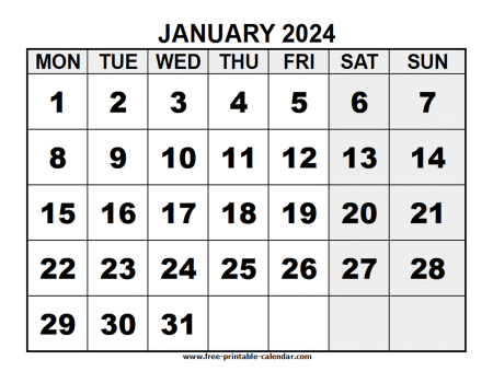 2025 January Calendar Big Numbers Images Clip Art