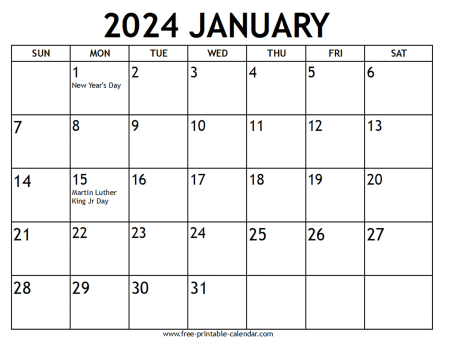 january 2024 calendar With US holidays