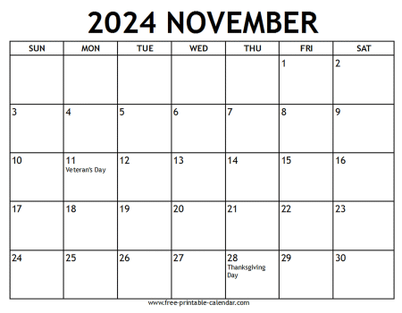 november 2024 calendar With US holidays