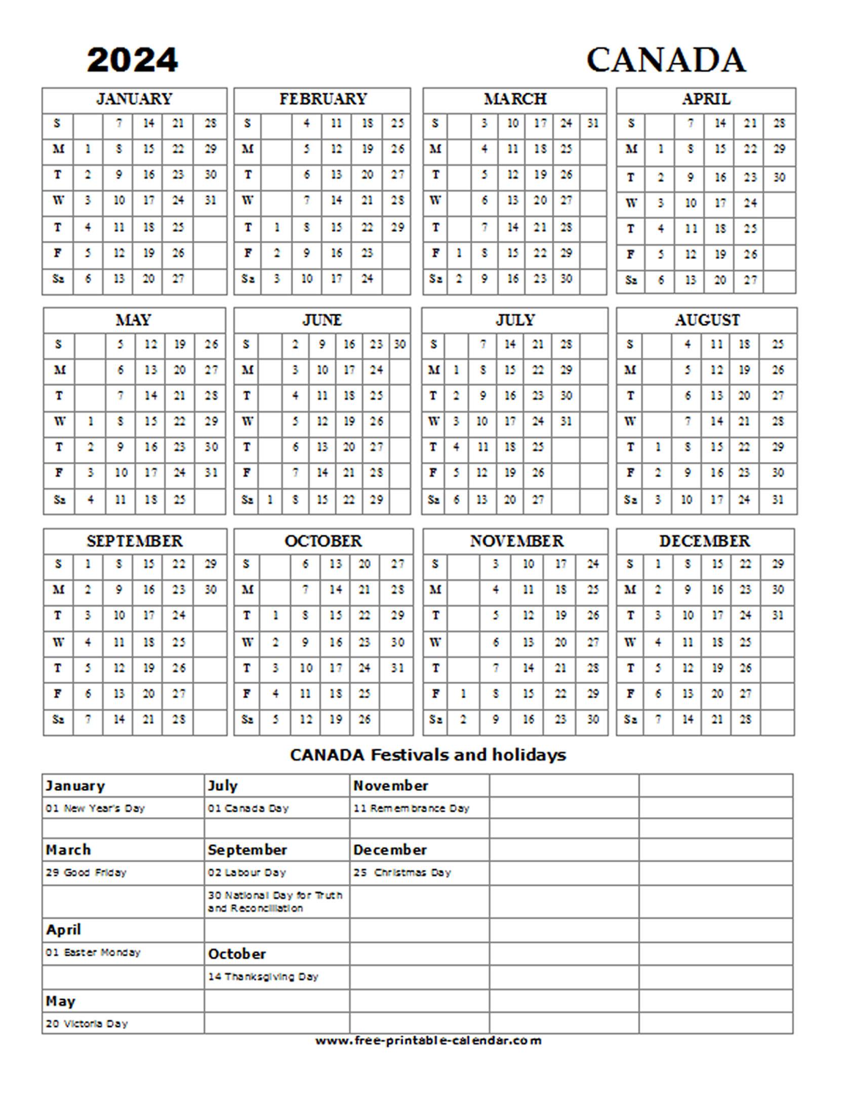 2024 Canada Holiday Calendar