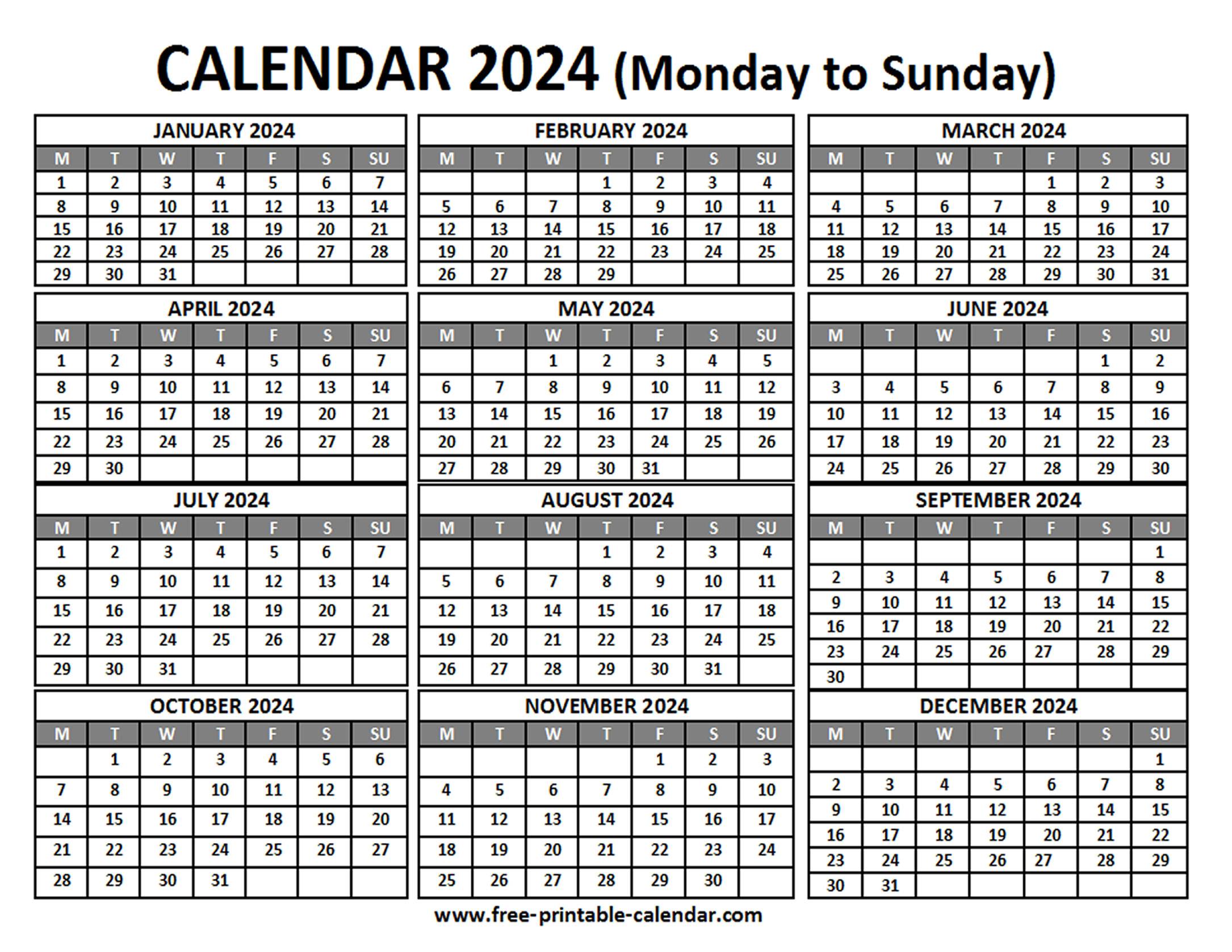 Free Printable 2024 Calendar