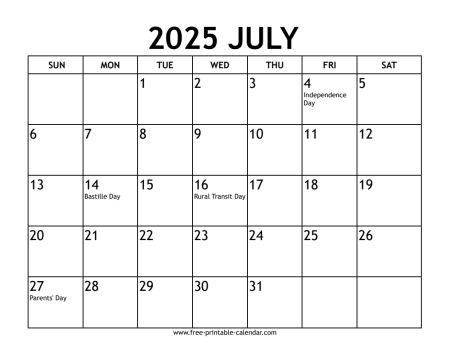 July 2025 Calendar US holidays