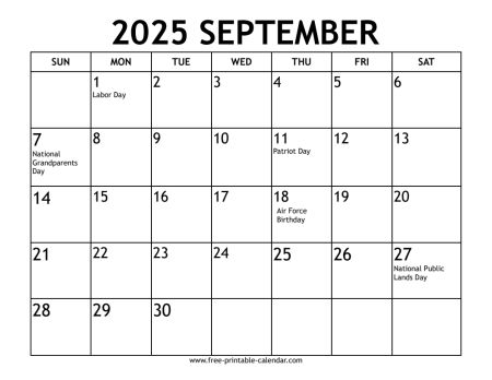 september 2025 calendar With US holidays