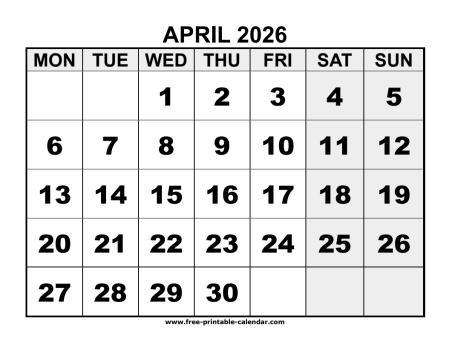 2026 april calendar