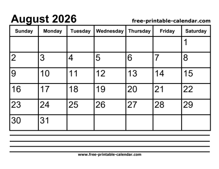 2026 august calendar printable