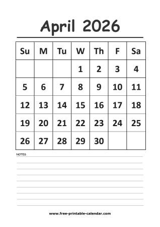 2026 calendar april printable