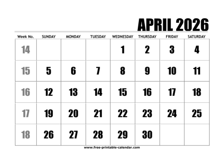 2026 april calendar