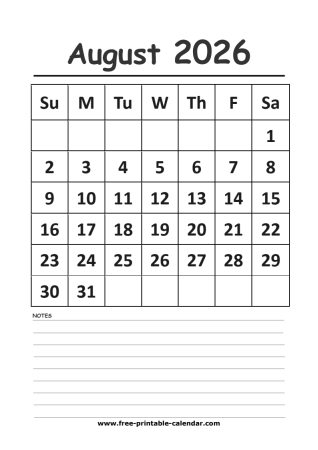 2026 calendar august printable