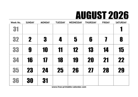 2026 august calendar