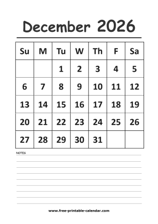 2026 calendar december printable
