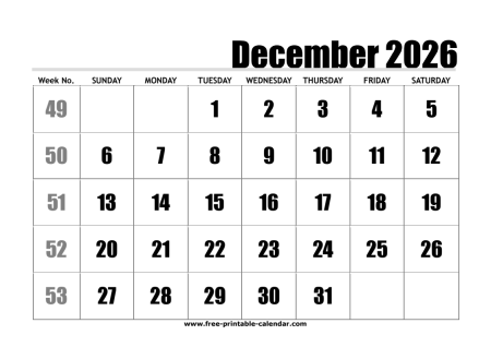 2026 december calendar