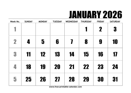 2026 january calendar