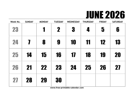2026 june calendar