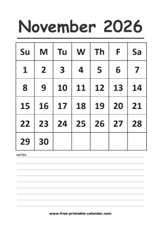 2026 calendar november printable