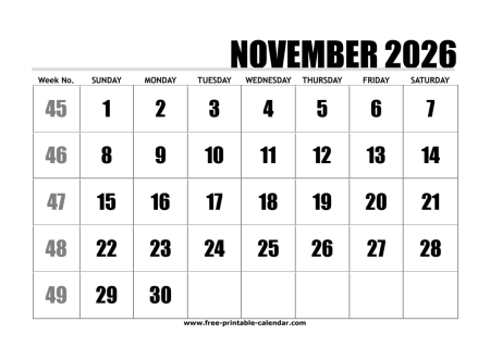 2026 november calendar