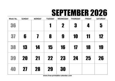 2026 september calendar