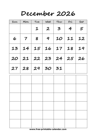 2026 december calendar