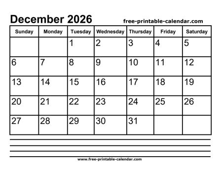 2026 december calendar printable