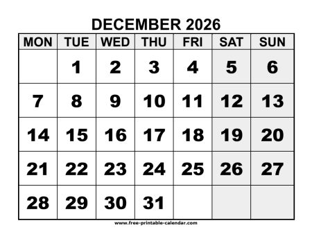 2026 december calendar