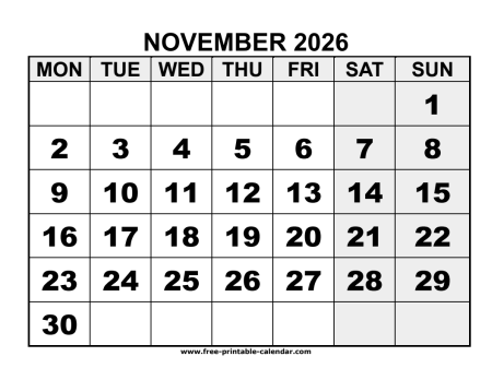 2026 november calendar
