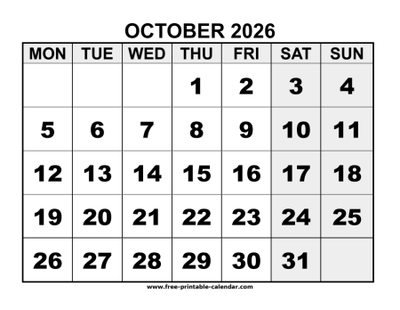 2026 october calendar