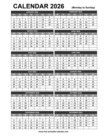 2026 printable calendar
