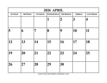 april 2026 calendar