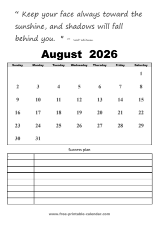 august calendar 2026 printable