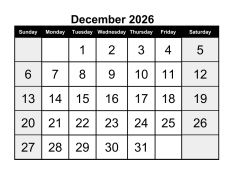 calendar december 2026