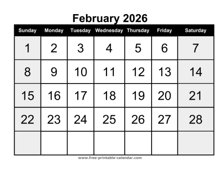 calendar february 2026