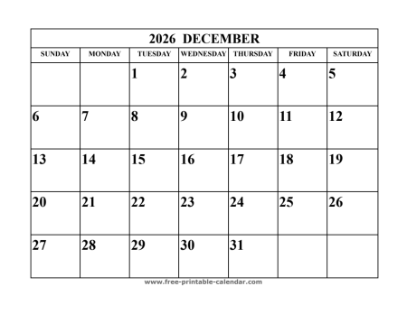 december 2026 calendar