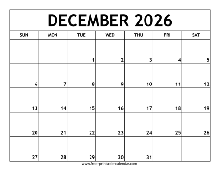 December 2026 Printable Calendar