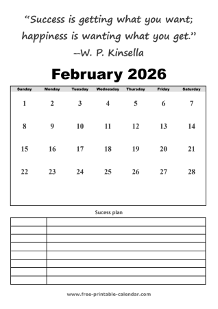 february calendar 2026 printable