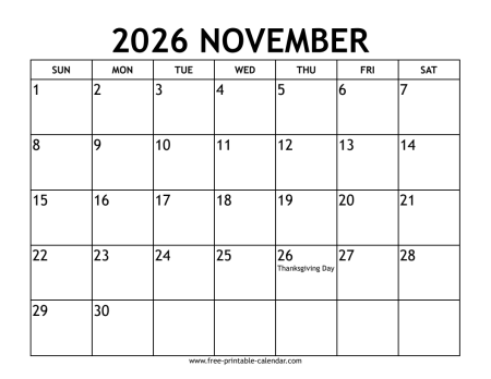 November 2026 Calendar US holidays