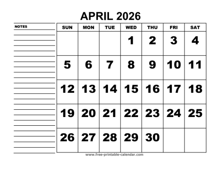 printable calendar april 2026