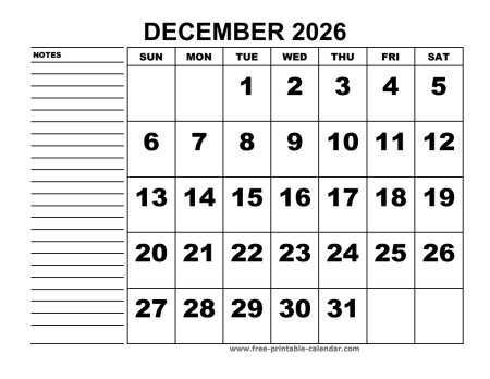 printable calendar december 2026