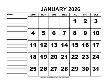 printable calendar january 2026