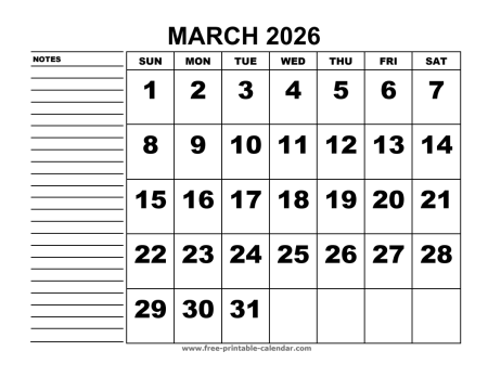 printable calendar march 2026