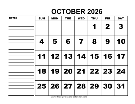 printable calendar october 2026