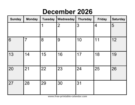 printable december 2026 calendar