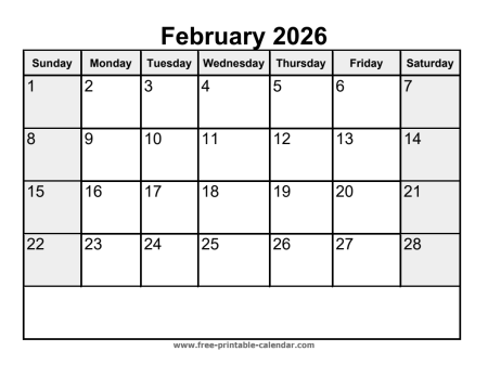 printable february 2026 calendar