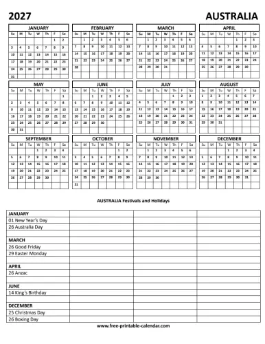 2027 Australia holiday calendar