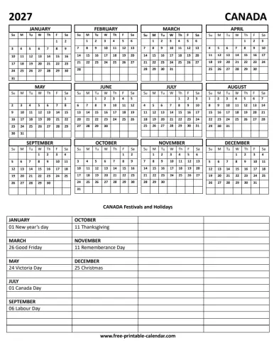 2027 Canada holiday calendar